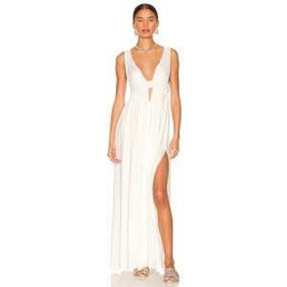 Indah White Rayon Plunging V-Neck Maxi Dress High Slit Smocked Waist Medium